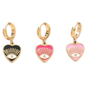 Golden heart earrings with evil eye enamel in black, deep pink and light pink