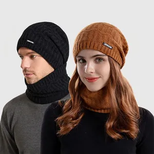 Winter Warm Fleece Lined Knitted Beanie And Scarf Set For Men Women Windproof Outdoor Acrylic Thick Ribbed Knit Skull Cap Neck Warmer