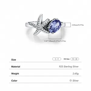Anello in argento sterling 925 con design a stella marina, gemma viola e accenti brillanti