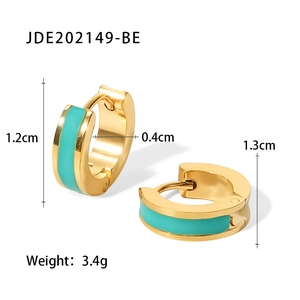 Detailed view of 18K gold plated hoop earrings with green enamel and size dimensions