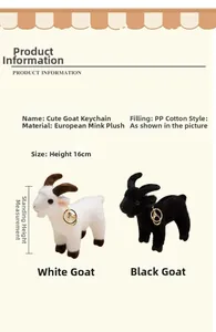 Detail showing 16cm black and white plush goats with gold lobster clasps and soft texture