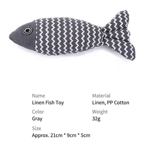 Linen cat toy fish with grey wave pattern and catnip filling, 21cm simulation fish toy