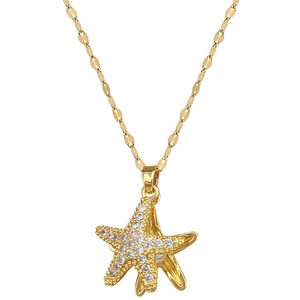 Titanium steel necklace featuring double starfish pendants with pearls and crystal accents