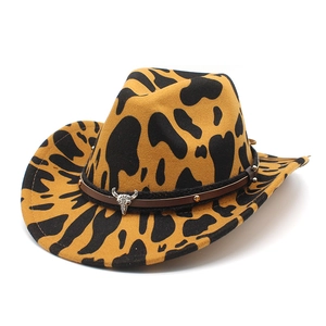 Yellow western cowboy wool felt hat with cow print pattern and metal skull badge