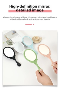 Macro shot of handheld makeup mirror with European floral pattern and ergonomic handle
