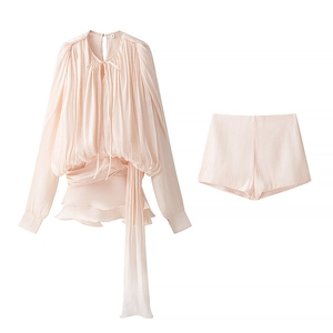 Two-piece light pink pleated set with long sleeve top and shorts in size S