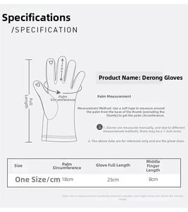 Detailed size chart for winter velvet gloves showing palm circumference and length