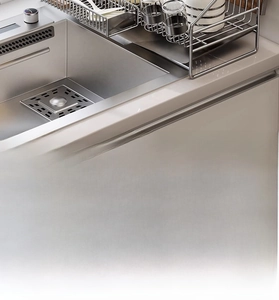 Macro detail of 304 stainless steel kitchen dish rack with integrated drip tray for sinks