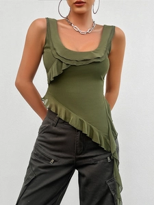 Detail of army green sleeveless top with asymmetrical ruffle trim and U-neckline mesh