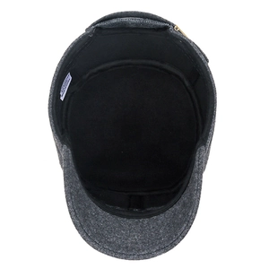 Winter dark grey wool flat cap for men with warm lining and 100 percent polyester label