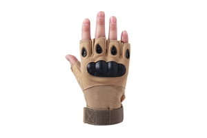 Close-up of tactical half-finger gloves with protective shell and adjustable wrist strap