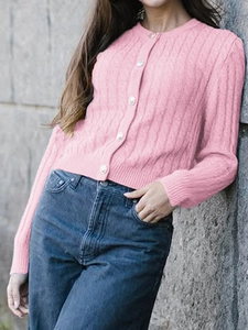 Pink cable knit long sleeve cardigan with round neck and buttons for women fashion