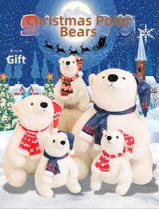Plush Christmas polar bears with holiday hats and scarves in multiple sizes for gifts
