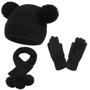 Schwarzes Strickset für Kinder mit Bommelmütze, Schal und Handschuhen für den Winter