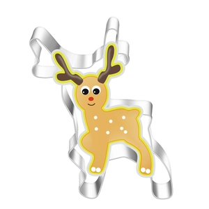 Macro detail of reindeer shaped stainless steel cookie cutter for Christmas baking