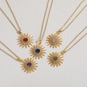 Five sunflower starburst necklaces with colorful zircon pendants and 14K gold plated chains