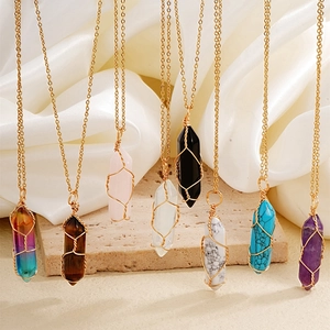 Handmade Gold Wire Wrapped Natural Stone Hexagonal Prism Crystal Point Column Pendant Necklace For Women Bohemian