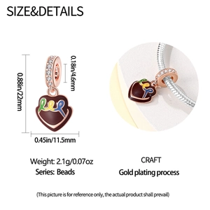Detailed size specifications for a rose gold heart-shaped chocolate pizza charm bead