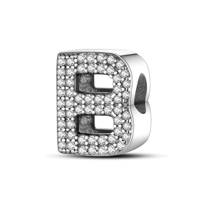 Silver plated alphabet B charm bead with heart cutout and sparkling pave crystals