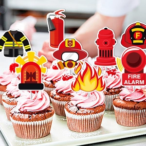 Firefighter theme cupcake toppers set featuring fire hydrant and helmet for birthday party decor