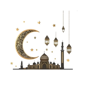 Golden crescent moon and lanterns wall decal with mosque silhouette for home decor