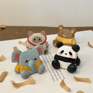 Ornements De Bureau Miniatures Animaux En Bois Sculptés À La Main Chat Panda Ours Éléphant Figurine Décoration Rustique