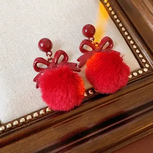 Bowknot Pom Pom Drop Earrings With Silver Earring Post Retro Winter Plush Ball Dangle For Women Sweet Festive Jewelry