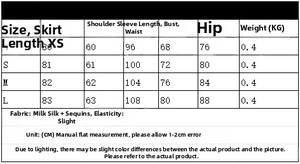 Detailed size guide table for women's sequin dress showing XS to L measurements