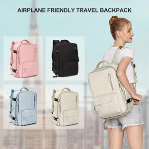 Airplane friendly travel backpack available in beige, pink, black, and light blue colors