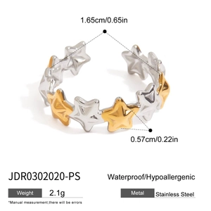 Detailed view of two-tone stainless steel star ring with size and waterproof specifications