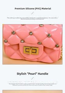 Detail of pink diamond lattice jelly bag with rhinestone decor and pearl handle