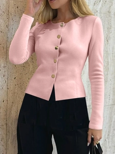 Pink long-sleeve knit cardigan for women with gold buttons and a slim fit design