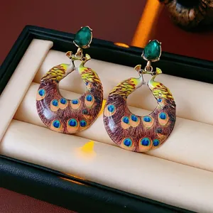 Vintage Peacock Drop Earrings With Green Rhinestone Enamel Alloy Retro Ethnic Jewelry For Women With Silver Earring Post