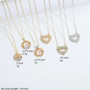 Golden heart pendants and multilayered zircon necklaces displayed with dimensions