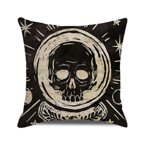 Detailed texture of square linen Halloween pillow cover with skull crystal ball design