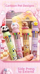Detail of multi-color retractable ballpoint pen with cute cartoon 3D animal toppers
