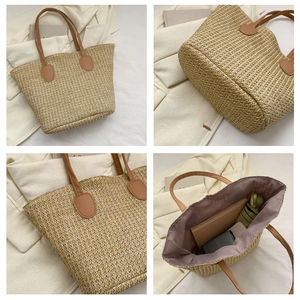 Detail showing natural straw weave texture, PU leather handle and spacious purple lining