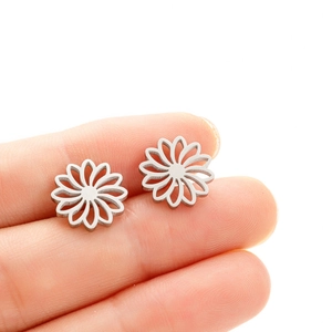 Macro shot of silver hollow lotus earrings in stainless steel held to show precise size