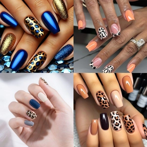 Unghie Finte Autoadesive con Stampa Leopardata Floreale Muccata e Colla Gel Set di Unghie in Plastica ABS Quadrato Corto Mandorla Moda Donna