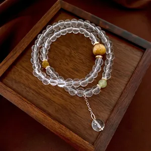 Tiger's Eye Stone And Glass Beaded Bracelet Double Layer Vintage Elegant Jewelry For Women With Alloy Pendant