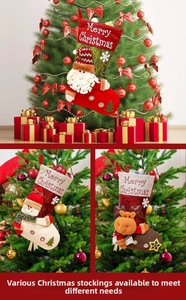 Detail of Christmas stockings with 3D Santa, Snowman and Reindeer felt characters
