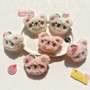 Cute plush bear brooch set with strawberry embroidery and metal pin on white tray