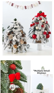Mini flocked Christmas tree detail with red bows, pine cones, and festive ornaments