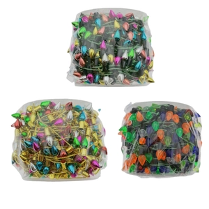Detailed close-up of multi-color C7 C9 Christmas light strings in plastic packaging rolls