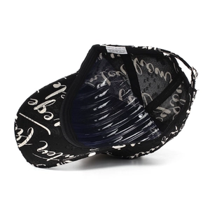 Detail view of black baseball cap interior with white lettering and inner stitching