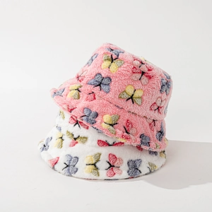 Butterfly Print Plush Bucket Hat Faux Fur Winter Warm Soft Windproof Adjustable Sun Basin Cap For Women And Men