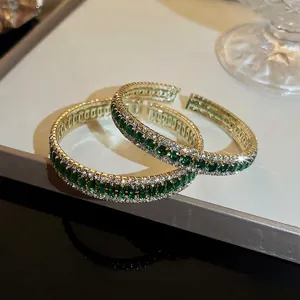 Elegant Copper Open Bangle Bracelet Luxury Green Zircon White Rhinestone Inlaid Geometric Multi Row Vintage Jewelry Women
