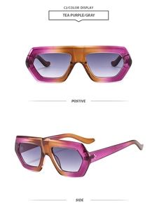 Detailansicht der geometrischen Oversized-Sonnenbrille mit lila Farbverlauf und grauen Gläsern