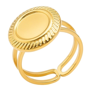 Detailed macro view of an adjustable gold stainless steel ring with oval sunburst texture