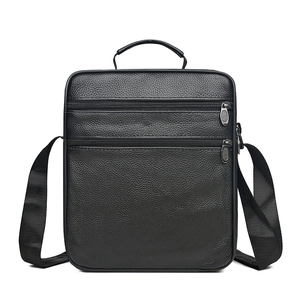Large black leather messenger bag with lychee texture and dual zipper compartments
